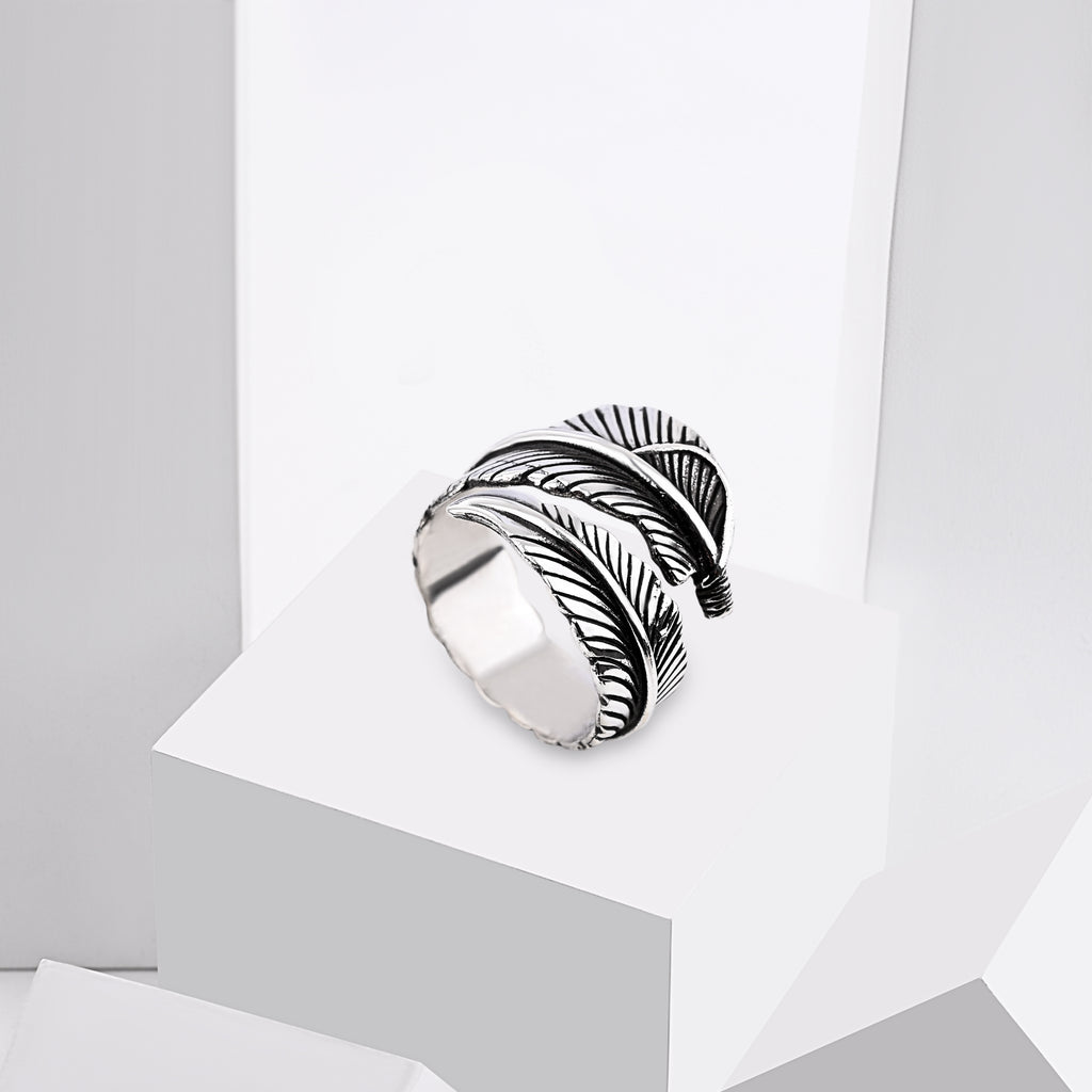 Oxidized Feather Silver Ring