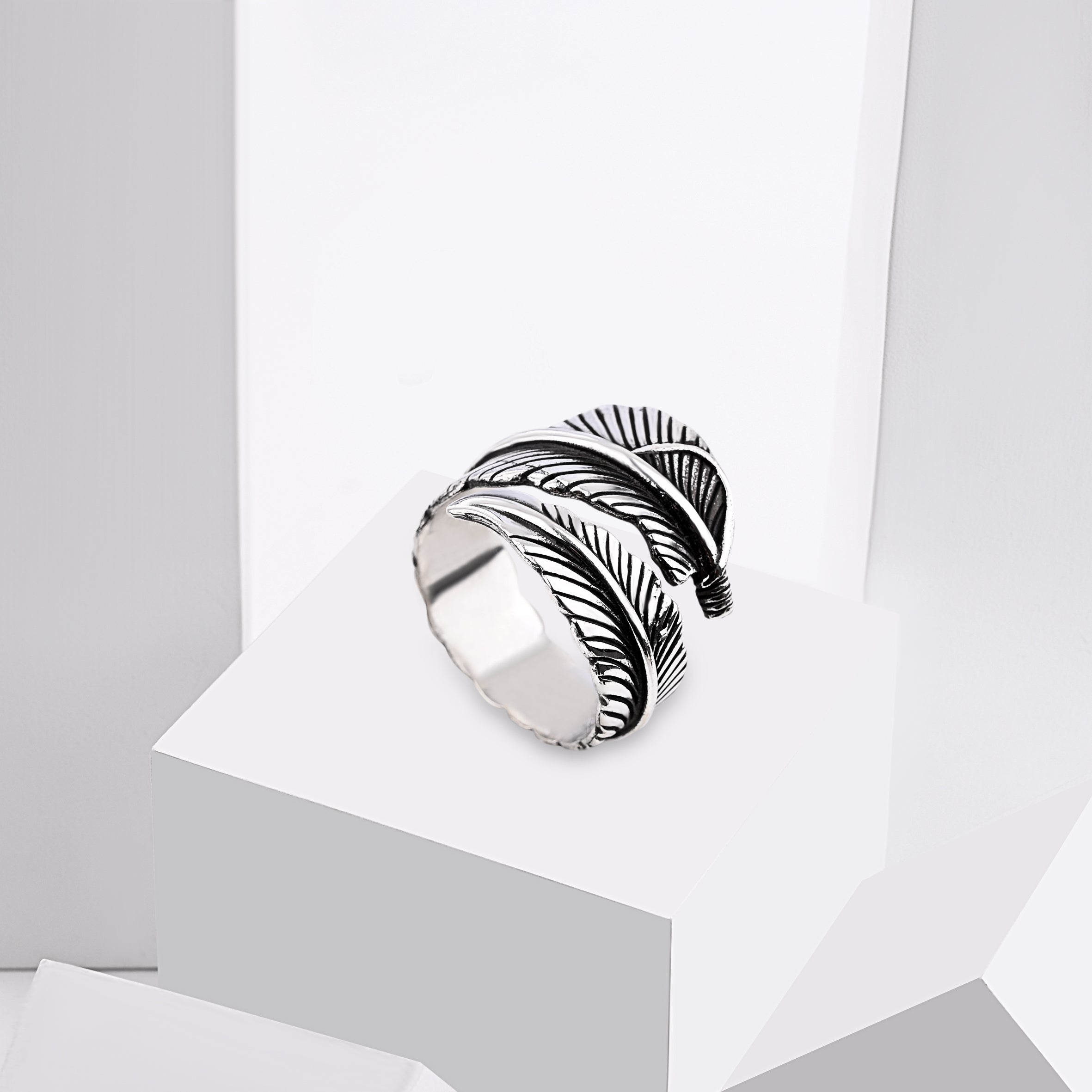 Oxidized Feather Silver Ring