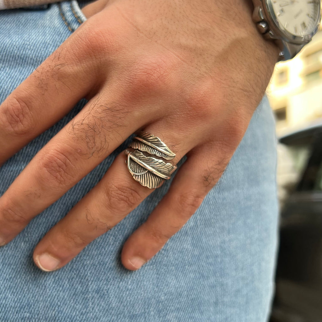 Oxidized Feather Silver Ring